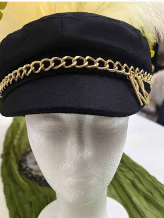 Black Baker Boy Newsboy Cap Gold Chain Charm Military Style Fashion Hat main image 9